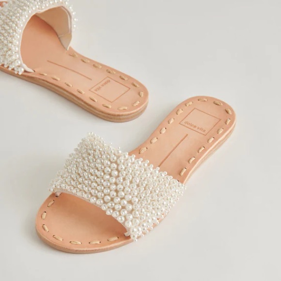 Dolce Vita White Slide Sandals with Pearl Strap - Picture 4 of 5